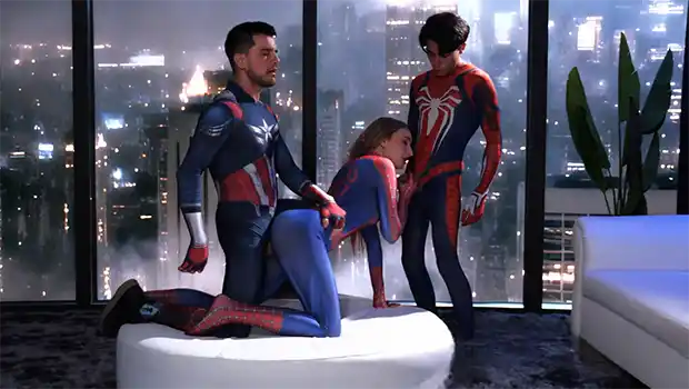 Spider man encontró a su novia con el capitán y se la follan los dos